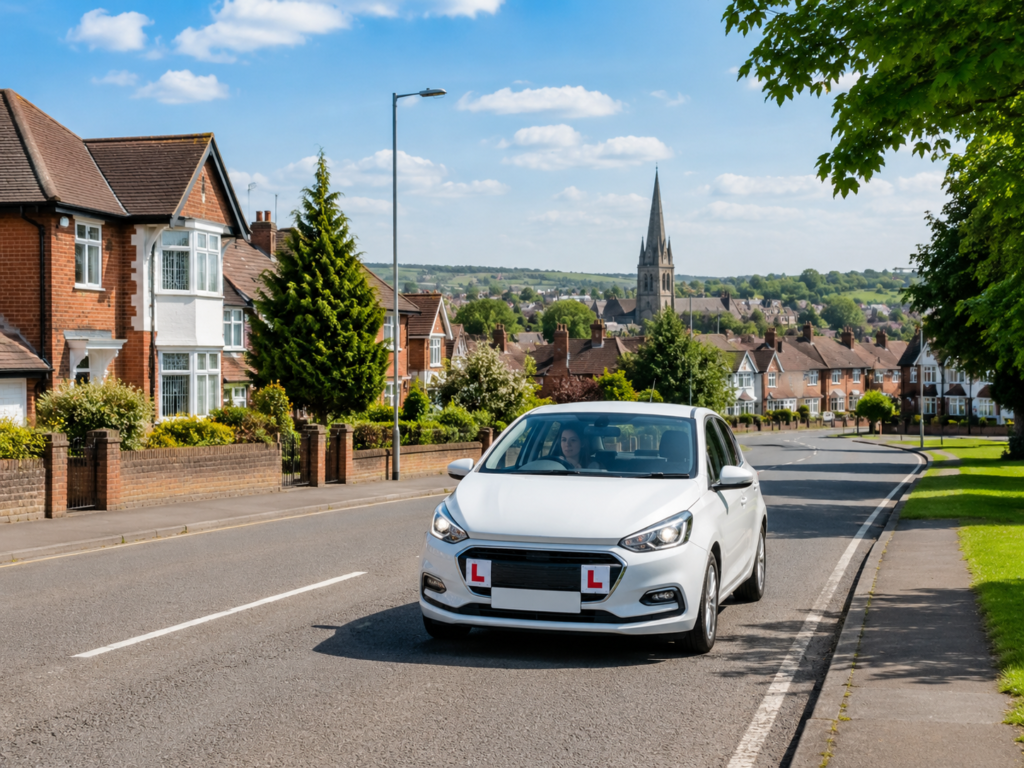 Learner driver taking a lesson in a car on a bright day in a quiet suburban area, representing driving lessons across Tamworth and surrounding areas.