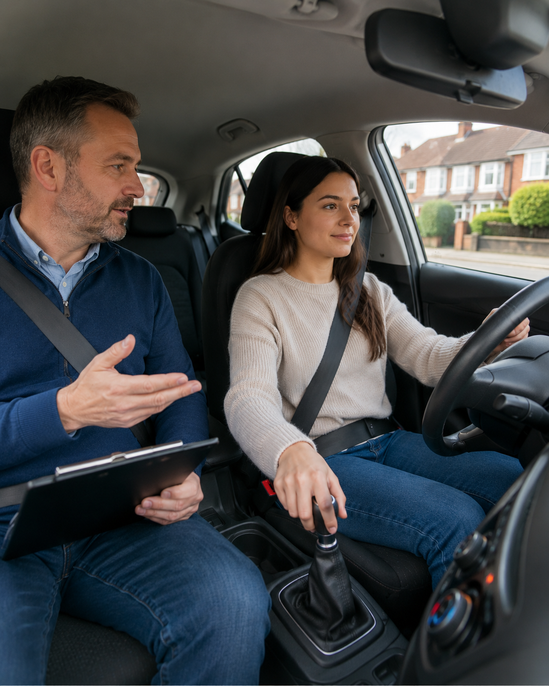 Learner driver approaching a roundabout during manual driving lessons in Tamworth
