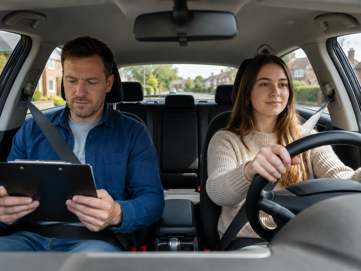 Friendly driving instructor standing beside a learner car on a suburban street in Tamworth