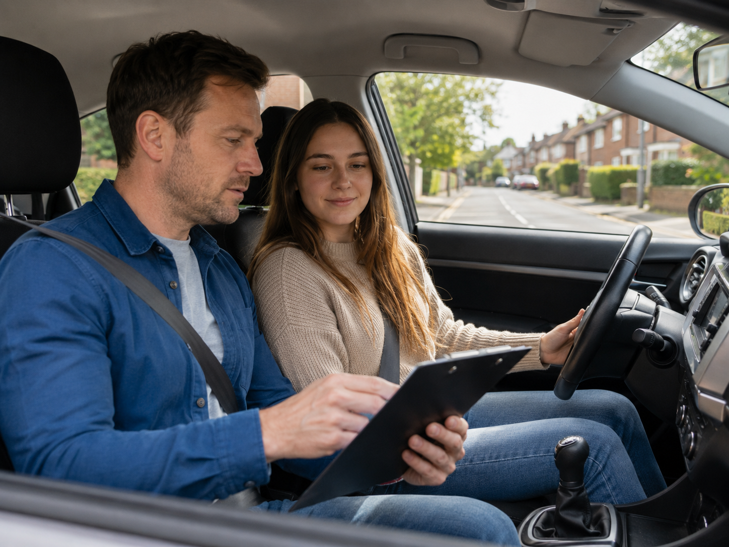 Learner approaching a roundabout during a driving lesson