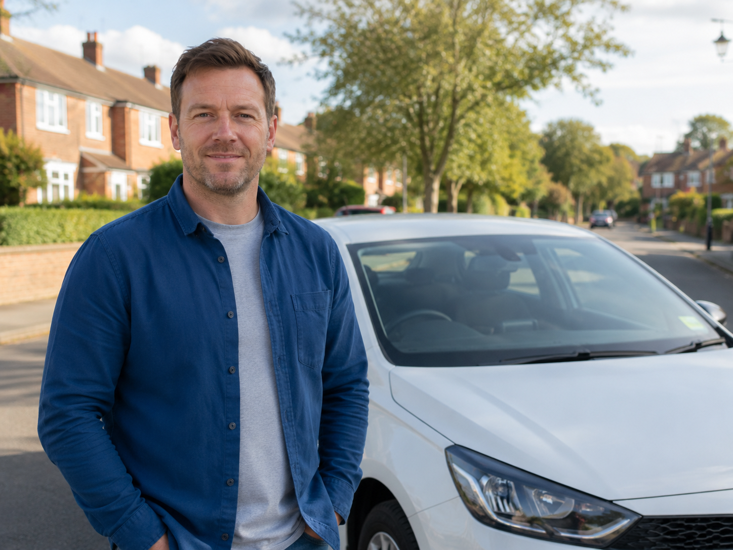 Driving instructor preparing a learner for a driving lesson beside a training car in Tamworth