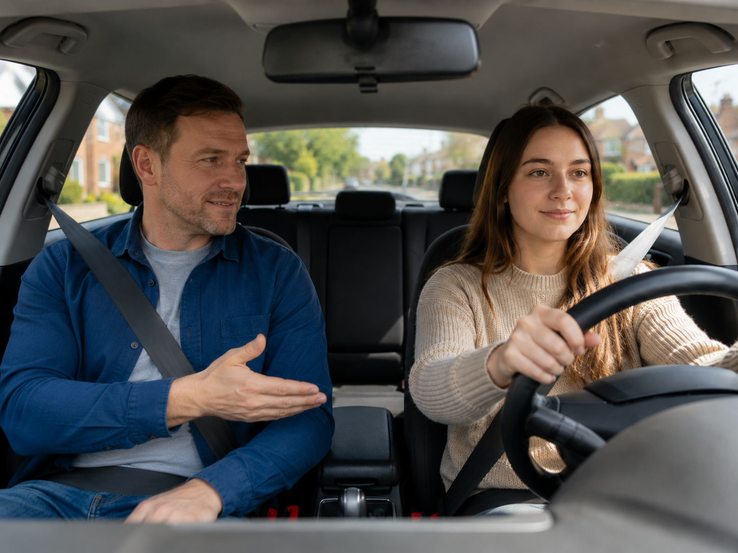 Driving lesson in progress on a quiet sunny residential road in Tamworth