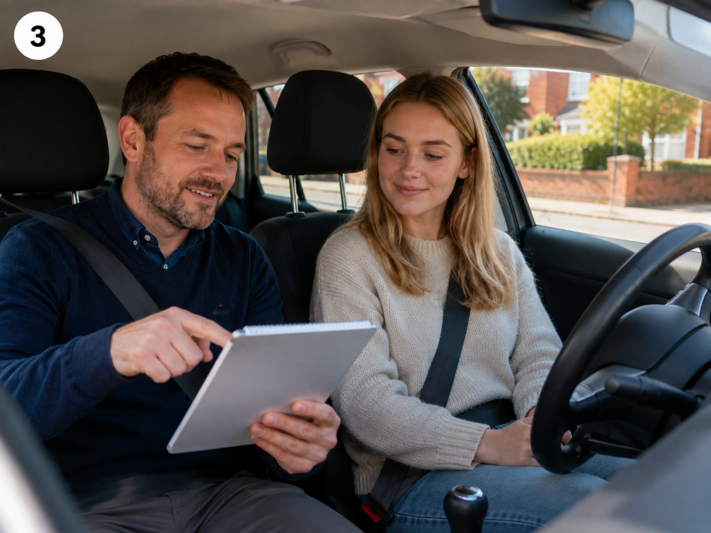 Nervous learner practising a roundabout during a driving lesson in Tamworth