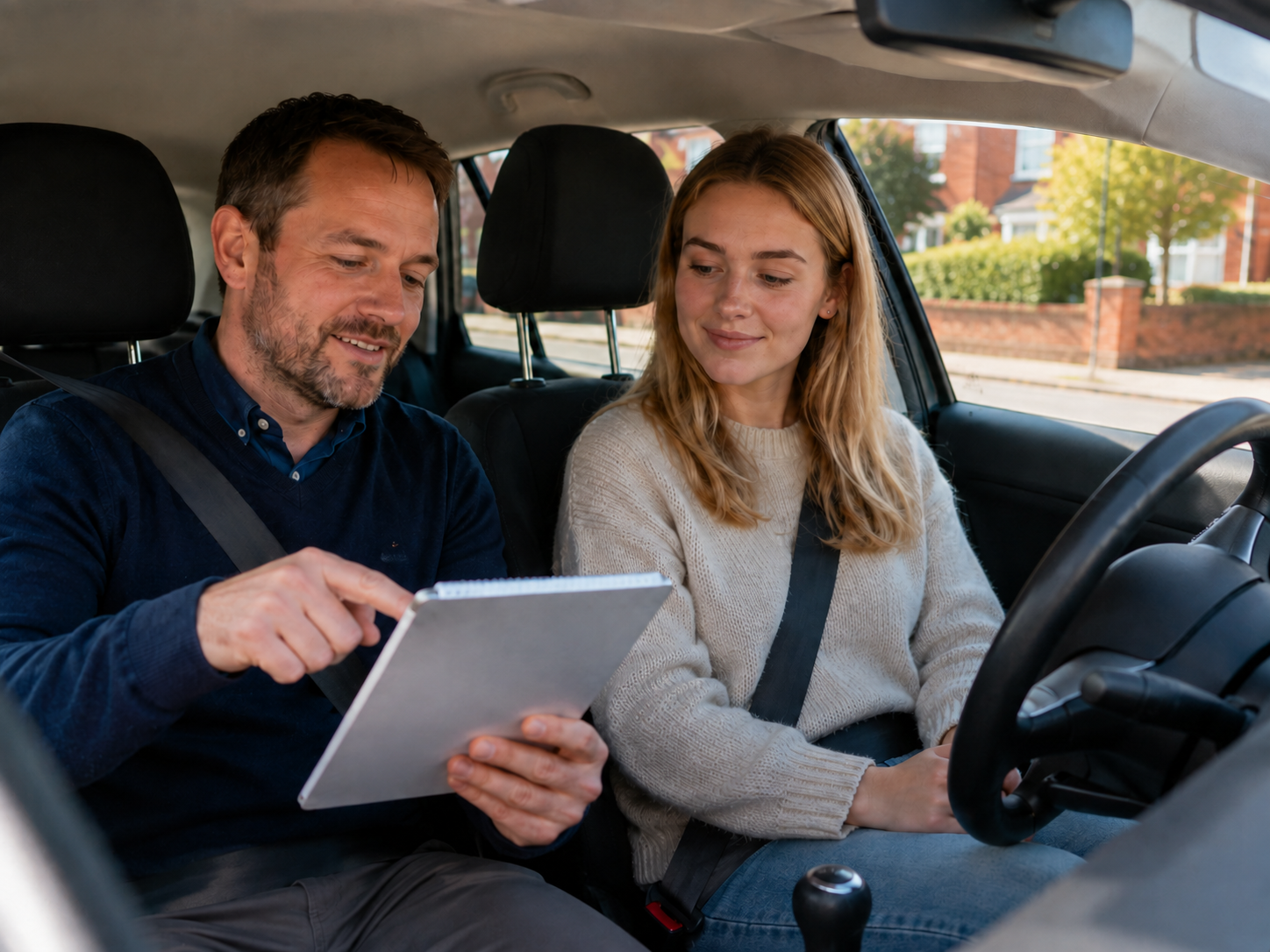 Nervous learner practising a roundabout during a driving lesson in Tamworth