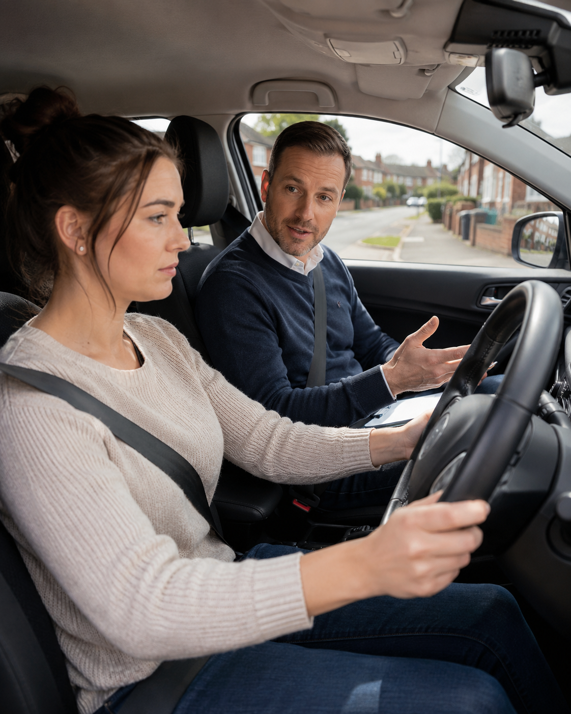 Driving instructor speaking with a learner beside a learner car in Tamworth